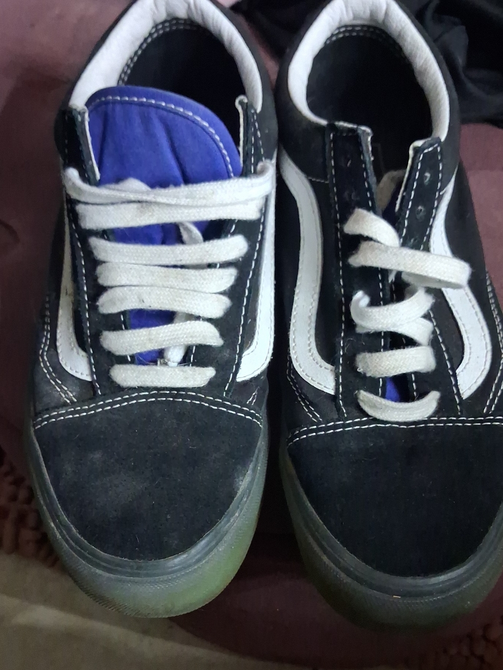 Vans Black & White Skate Sneakers with Blue Tongue